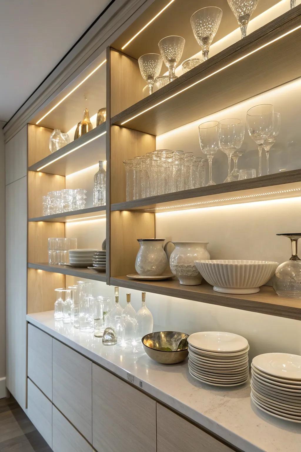 Shelving enhanced with integrated lighting for added ambiance.