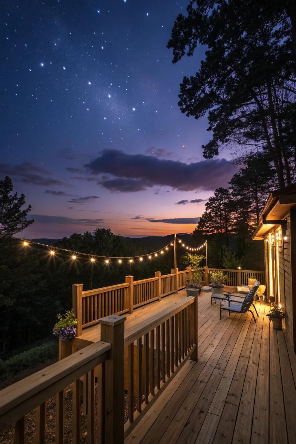 An elevated deck illuminated with gentle outdoor lighting at twilight.