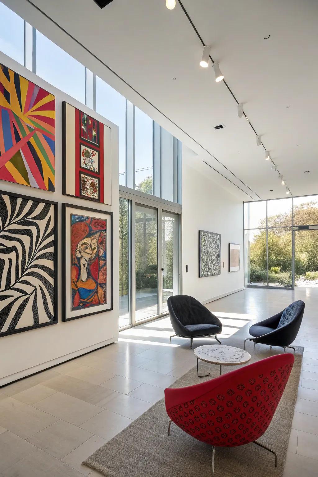 A modern interior featuring bold artwork as an accent.