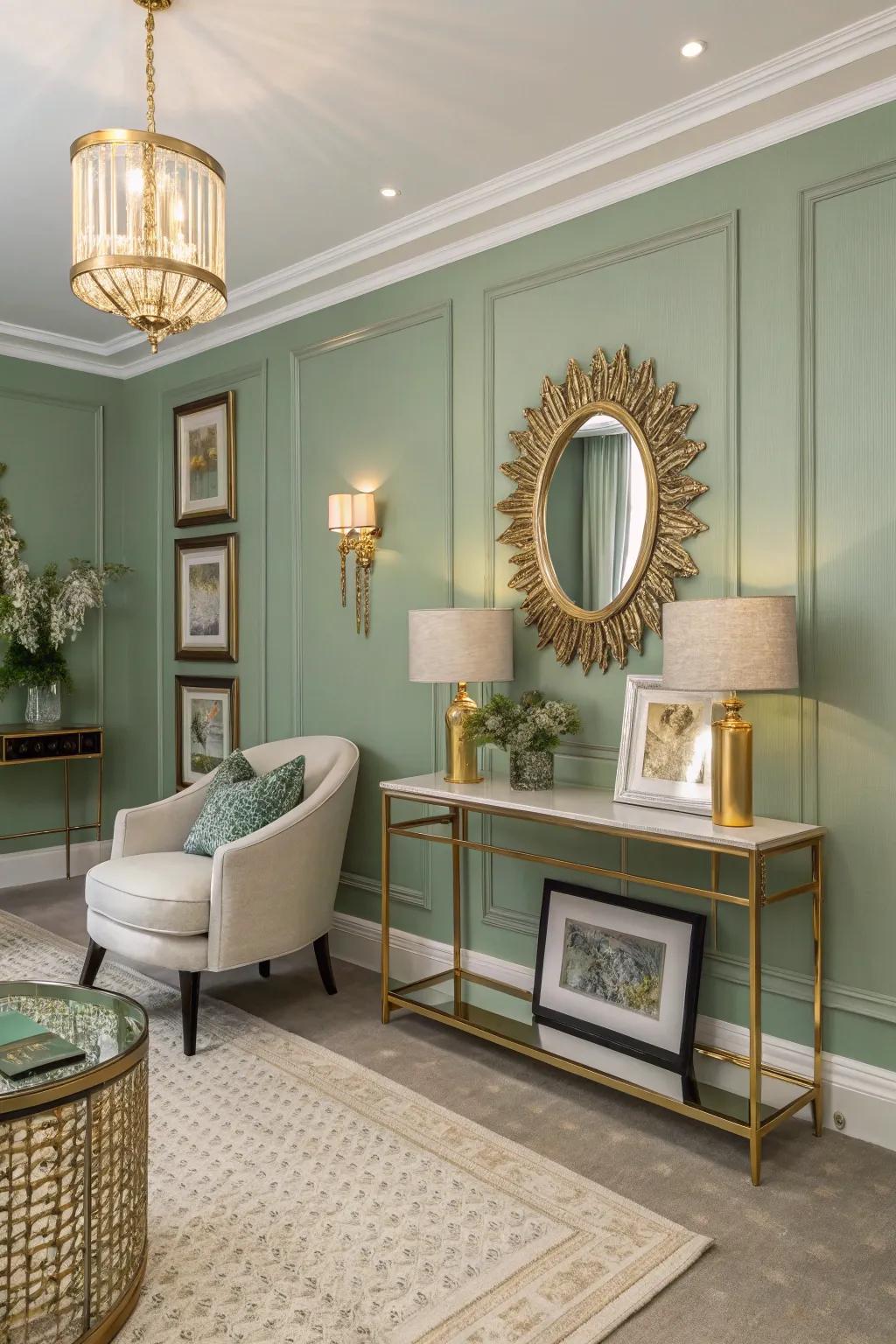 A sophisticated room combining sage green with gold highlights.