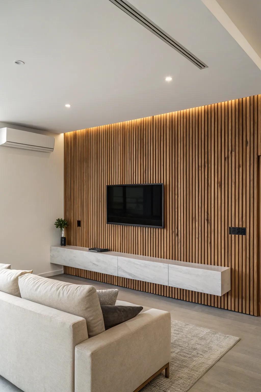 A viewing room featuring a plank wall incorporates a clean, modern influence.