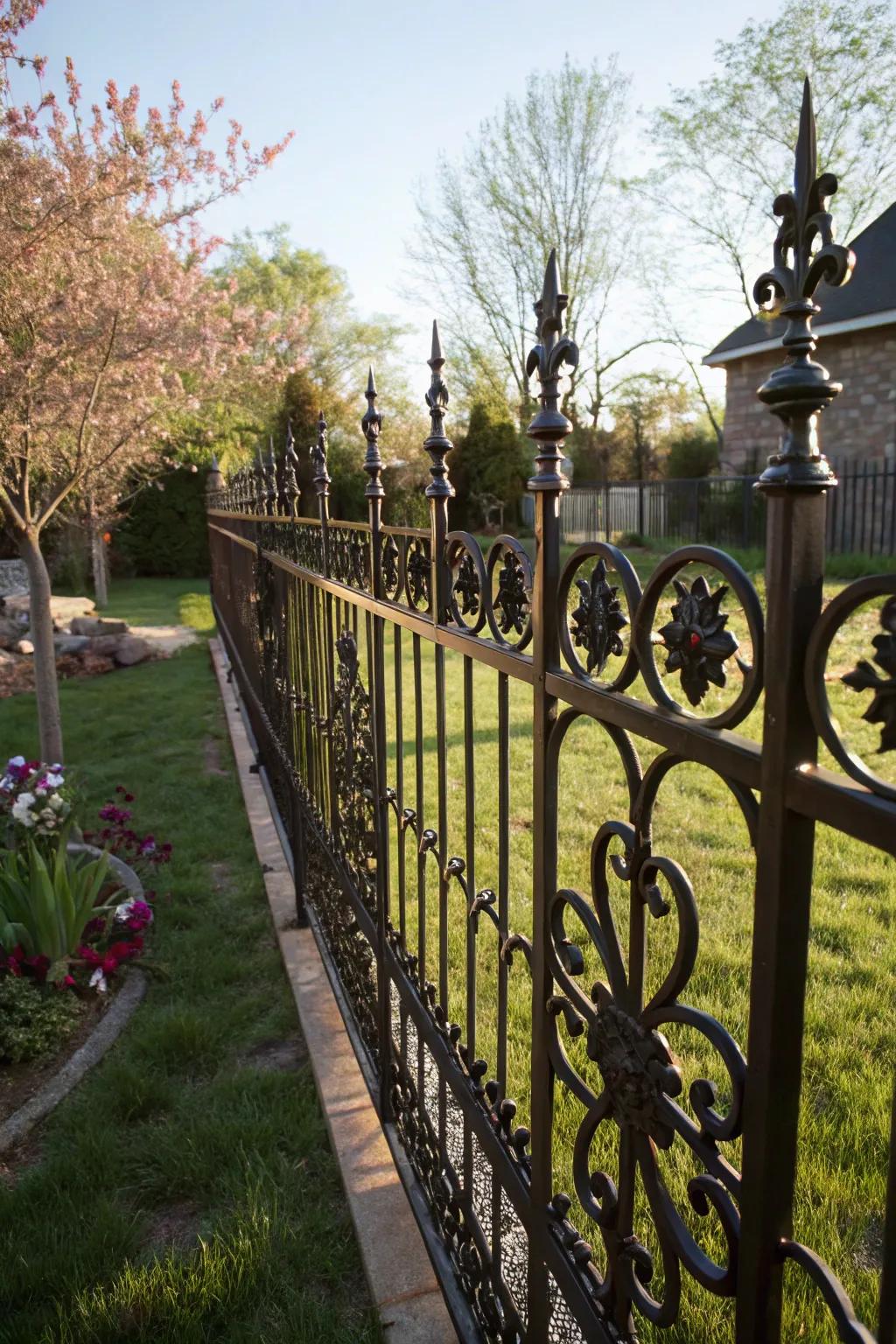 Ornamental metalwork contributes artistic panache to the backyard fence.