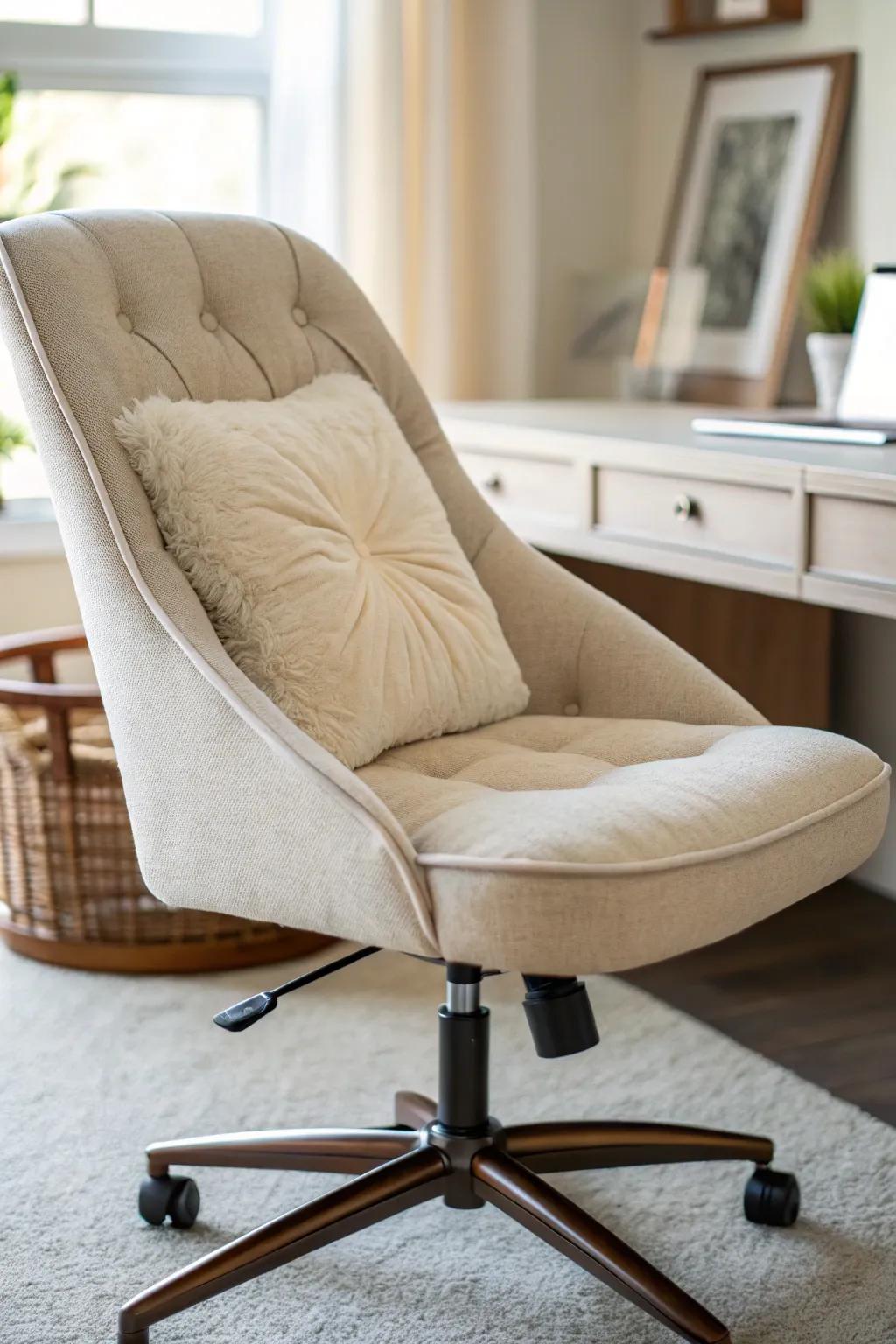 A comfortable cushion adding to the seating at a desk.
