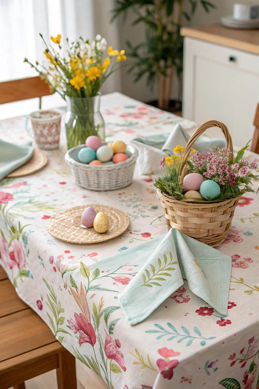 Themed table linens enhance the festive feel of the Easter celebration.