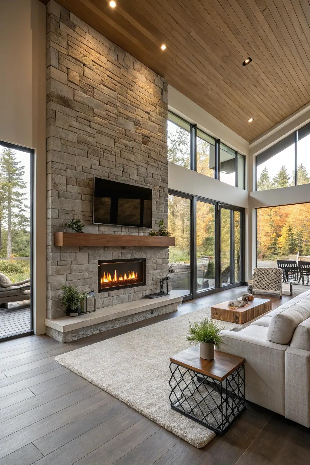 A fireplace brings together an open-plan space.