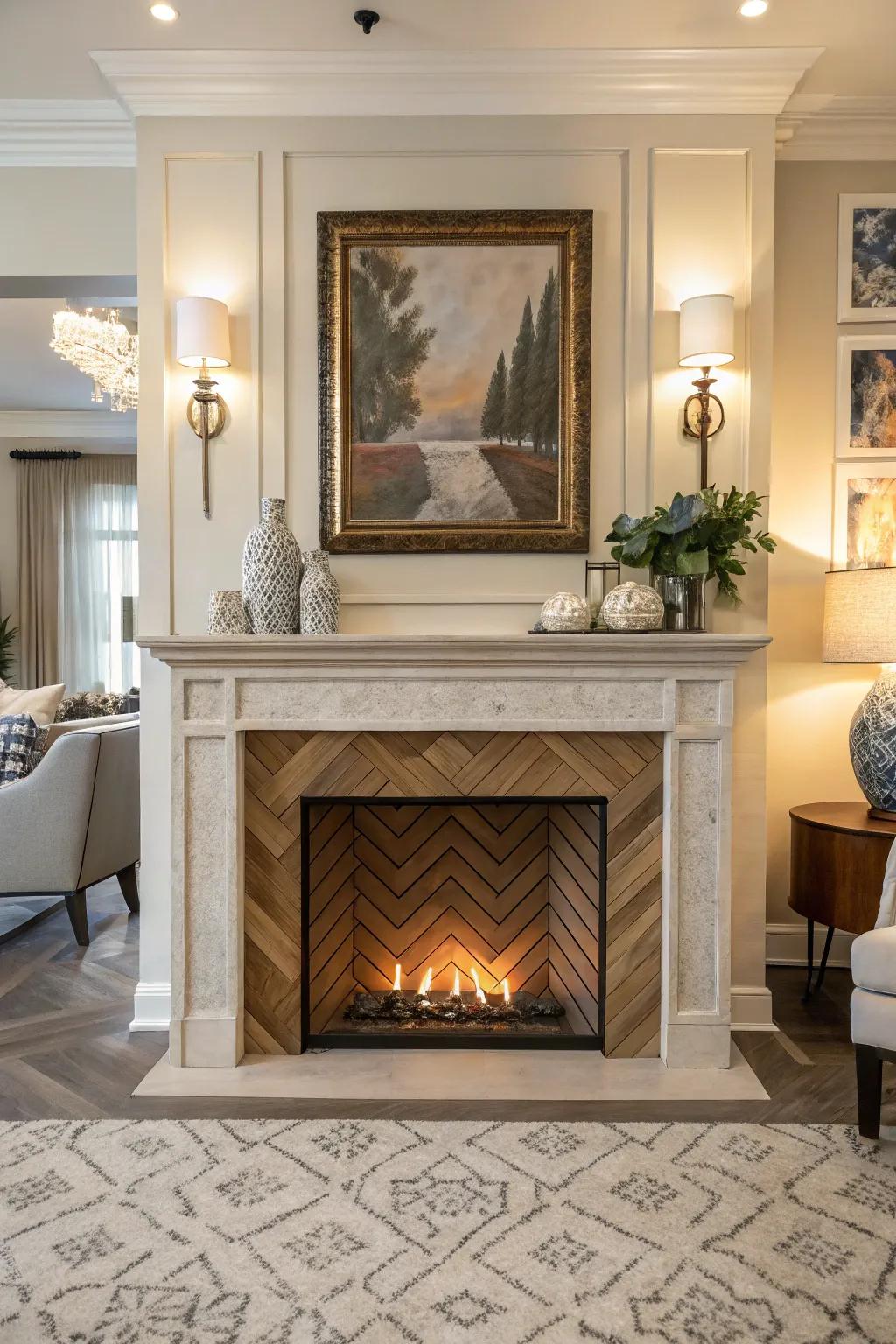 An artificial fireplace featuring an eye-catching herringbone patterned firebox.