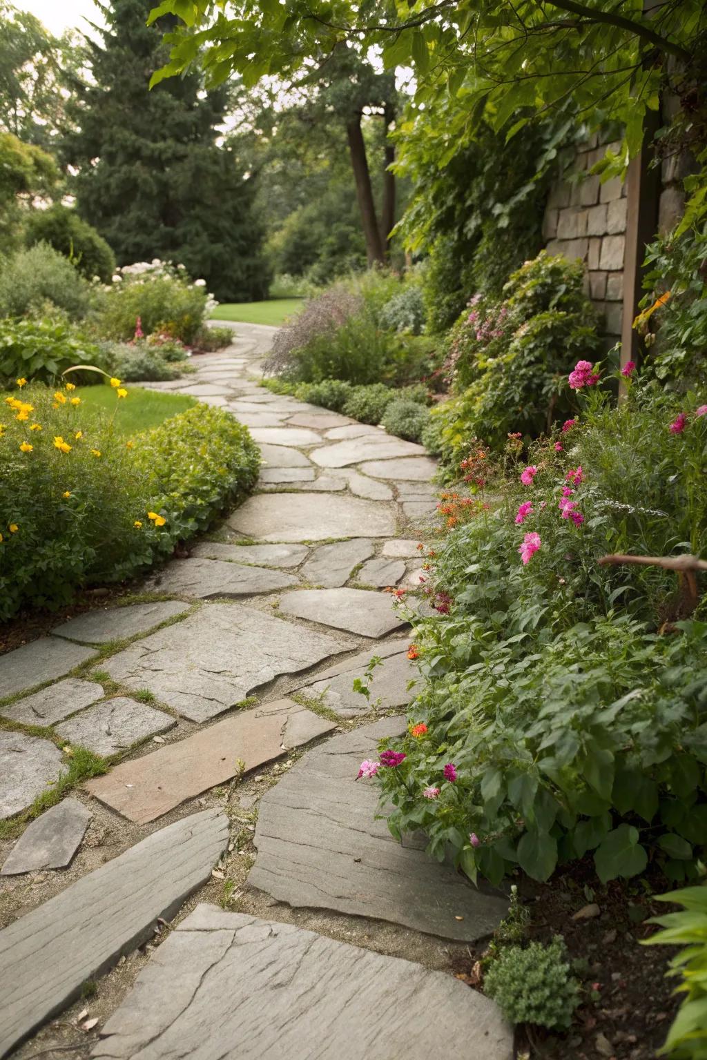 Greenery beautifully mixed into a slate path, bringing liveliness and vibrancy.