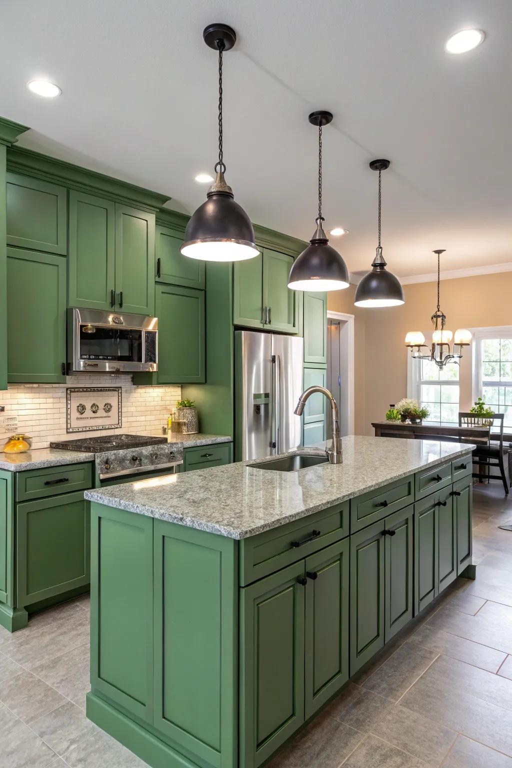 Stylish pendant lighting giving a modern touch to a green kitchen.