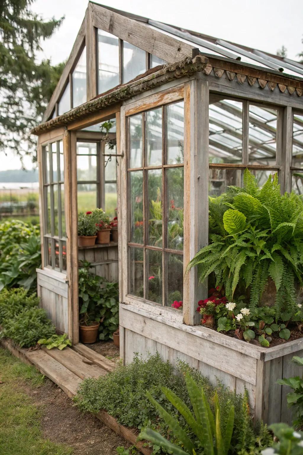 A whimsical greenhouse built from repurposed windows.
