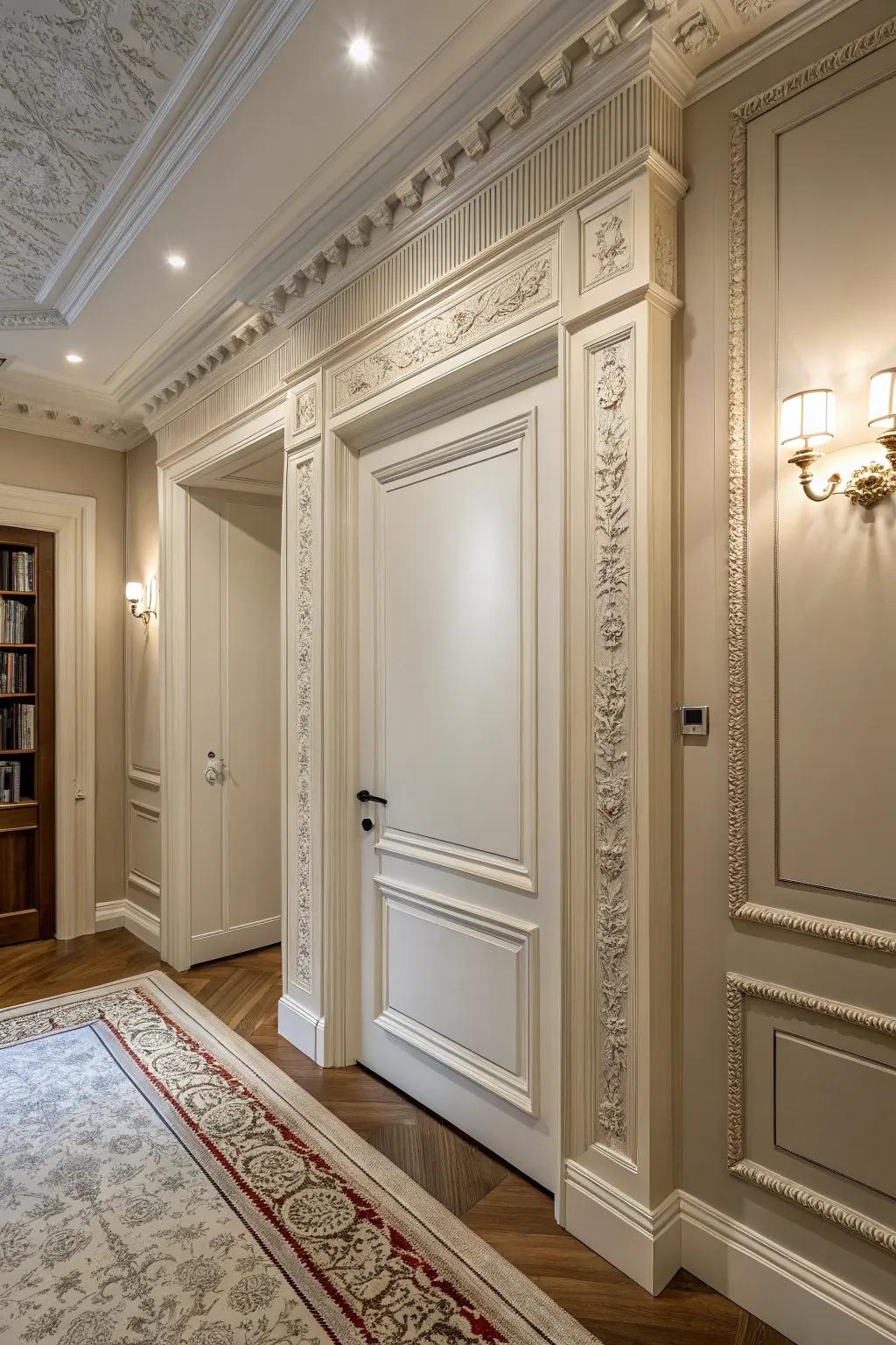 A room showcasing a hidden door covered in crown molding.