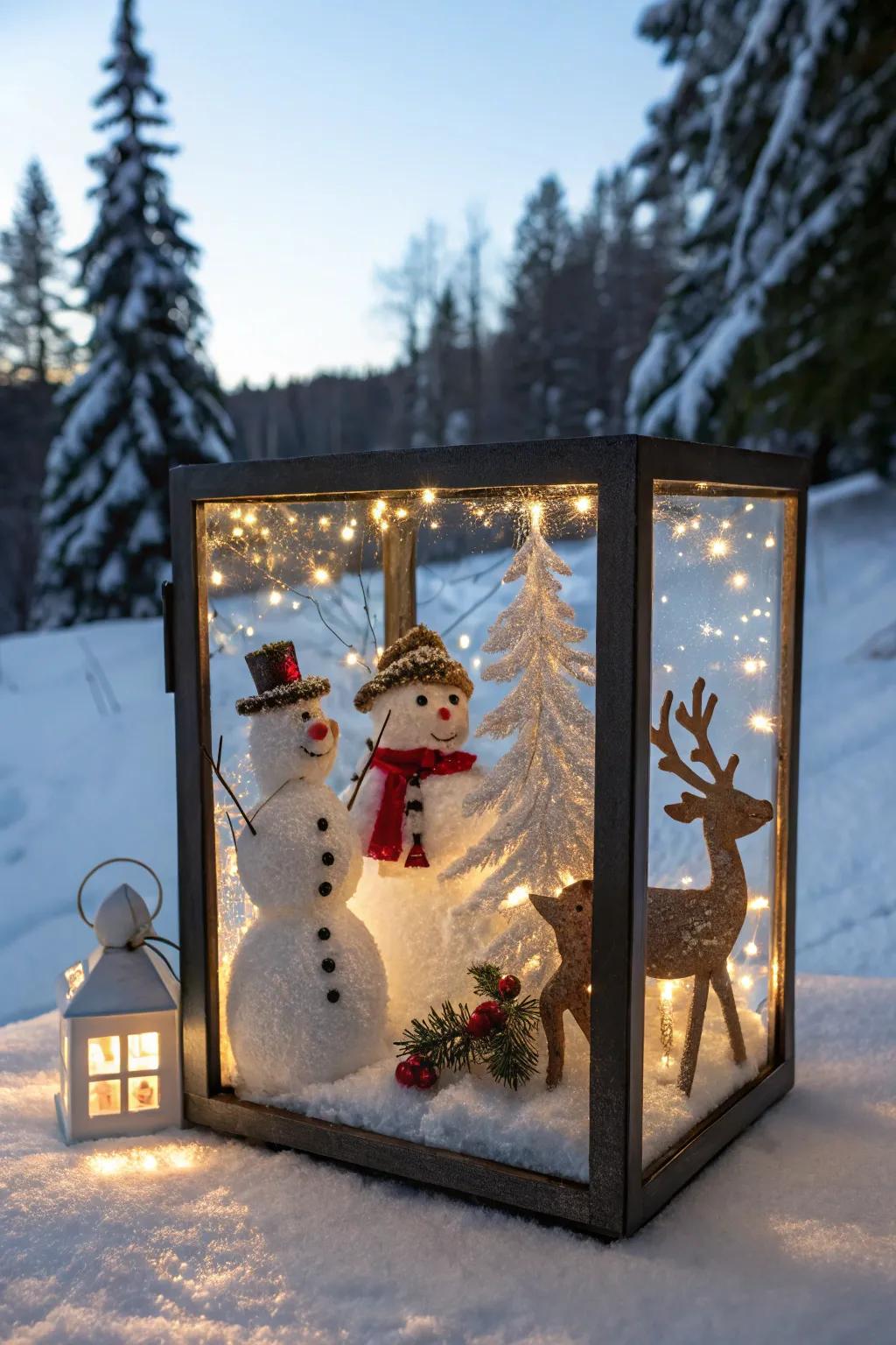 Whimsical characters glowing in a shadow box