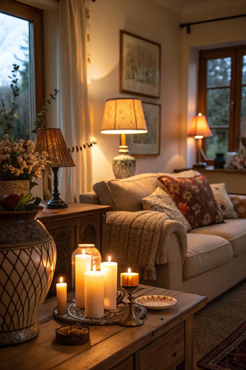 Subtle lighting contributes to a serene and welcoming ambiance to this cozy living area.