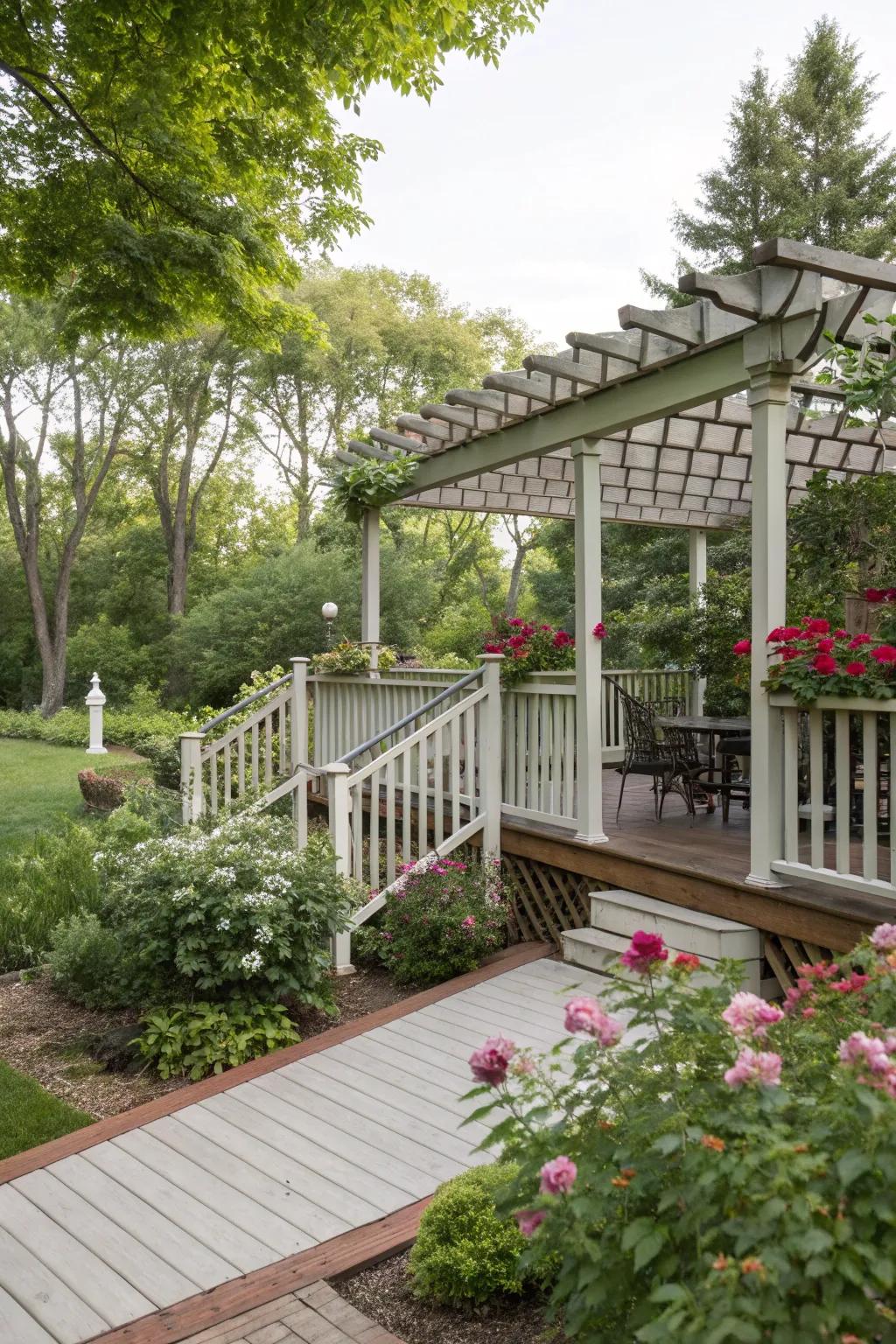 An elevated deck featuring a pergola and railings.