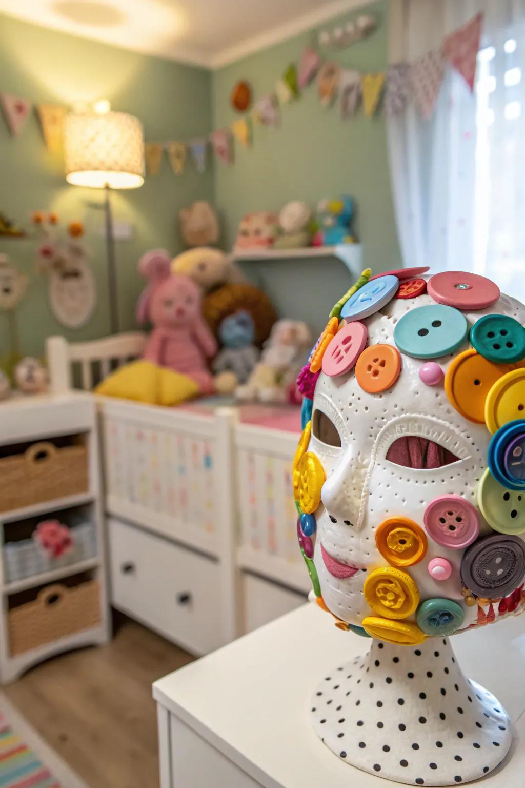 A whimsical mask sculpture that adds cheer to any space.