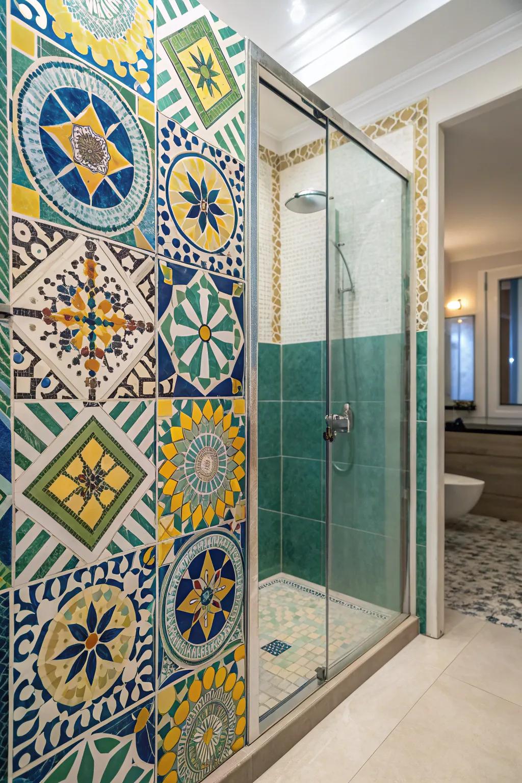 A shower showcasing elaborate mosaic stones, injecting color and personality.