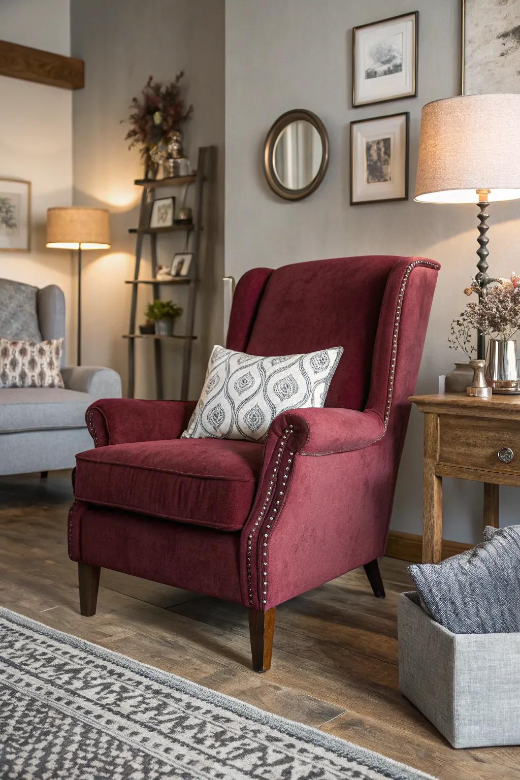 Living room with a statement burgundy chair and grey decor elements.