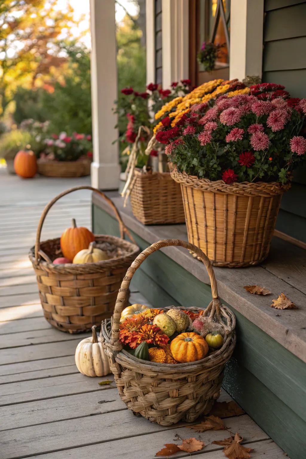 Countryside baskets brimming with bottle gourds and blossoms add charm to this porch.