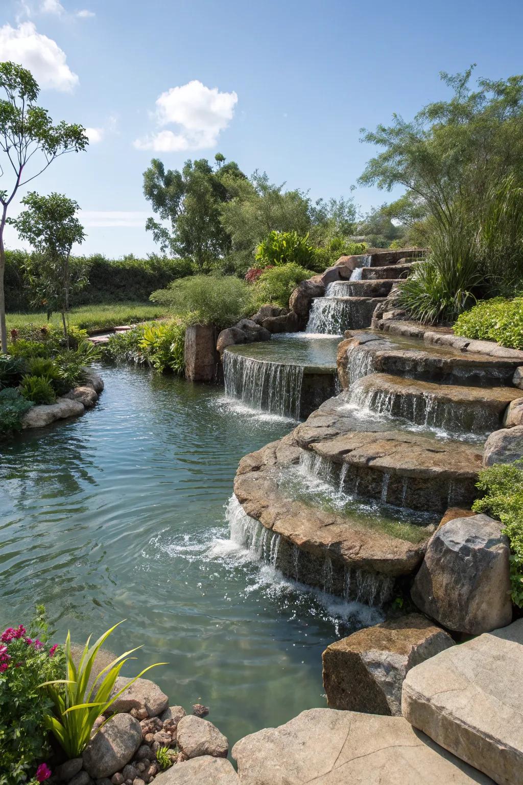 A multi-tiered pond with cascading water for supplemental charm.