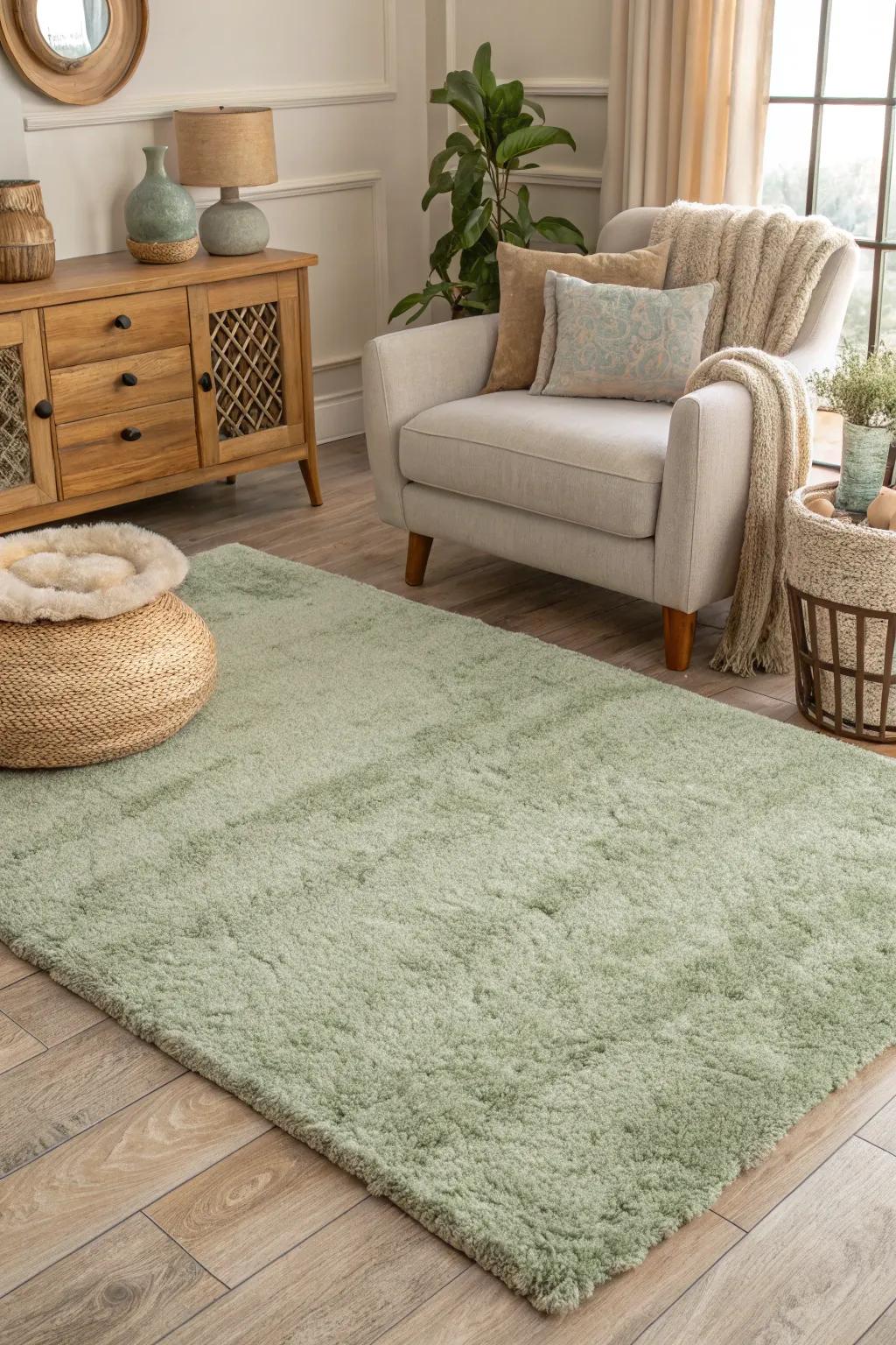 A living area grounded by a plush sage green floor covering.