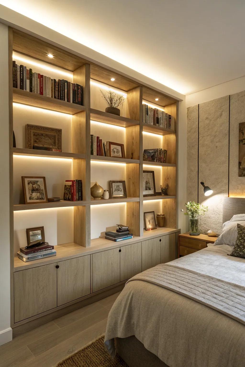 Integrated lighting adds a warm glow to bedroom shelves.