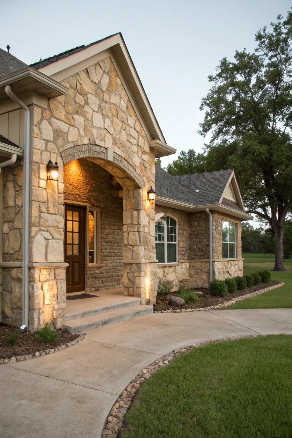Natural stone features bring elegance to exteriors.