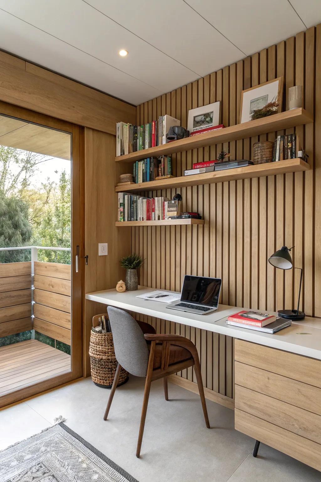 An office space shows a plank wall including functional shelving.