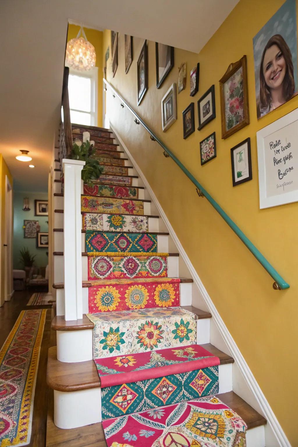 A colorful runner adds vibrancy and character to this staircase.
