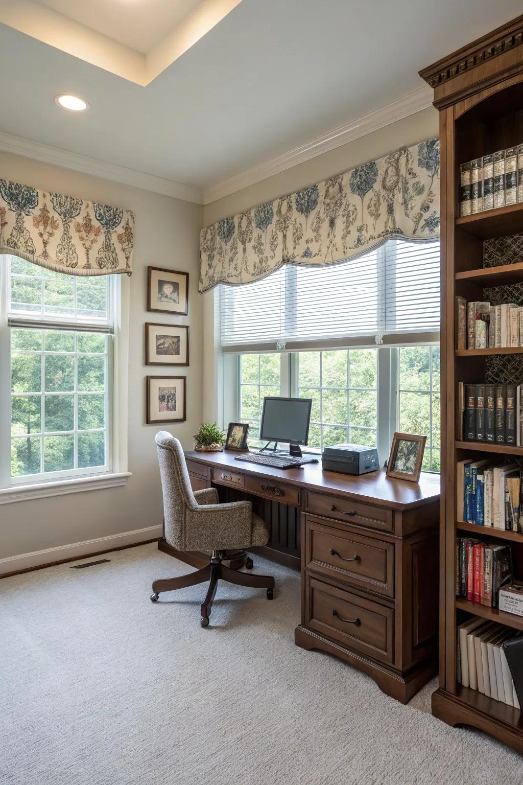 Valances over blinds offer a refined appearance.