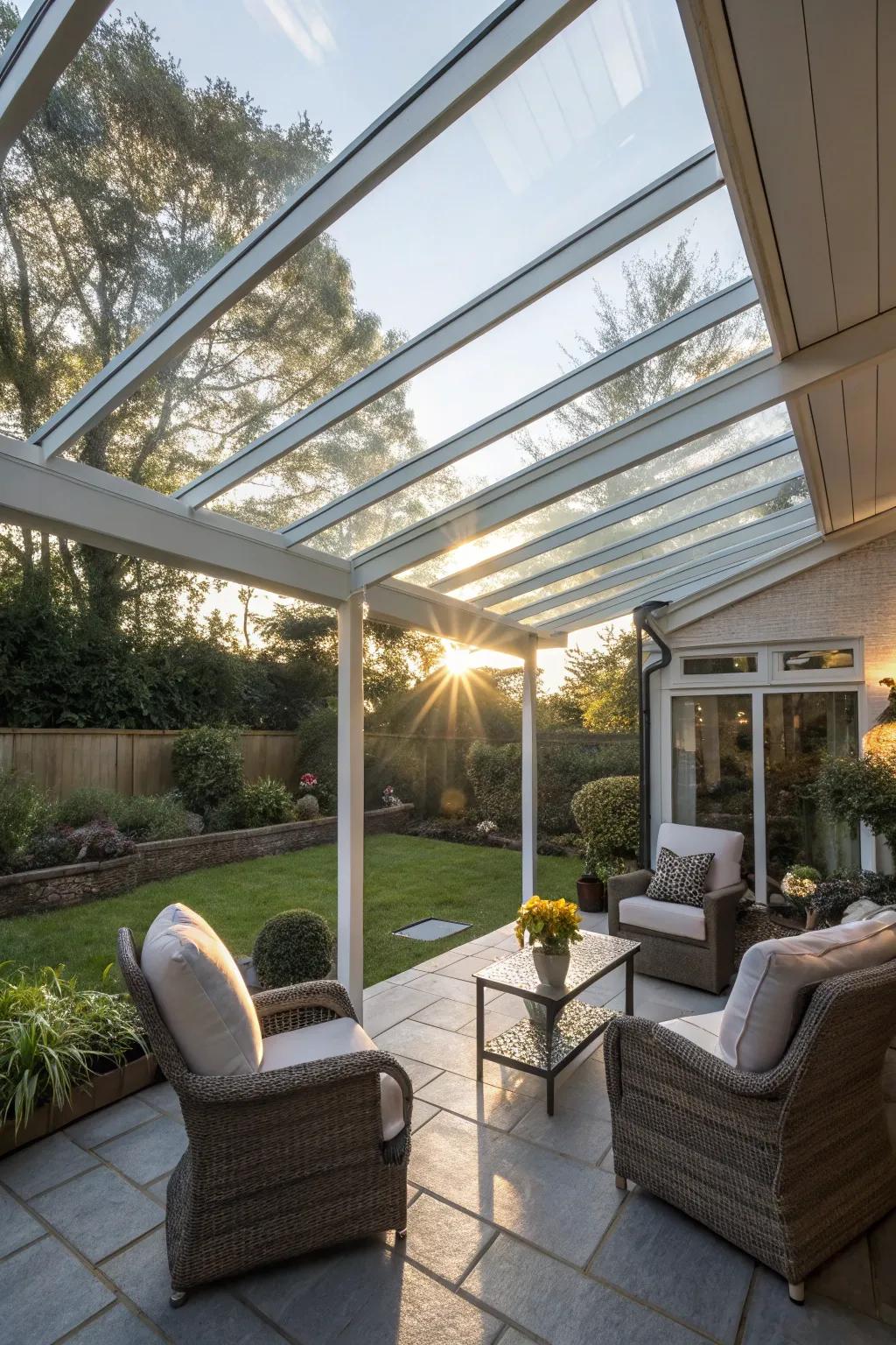A glass roof offers stylish protection for your patio.