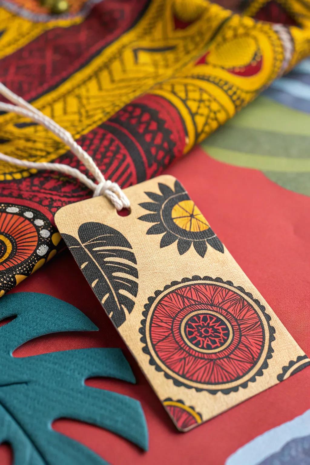 A colorful and textured hang tag that creates a visually appealing combination.