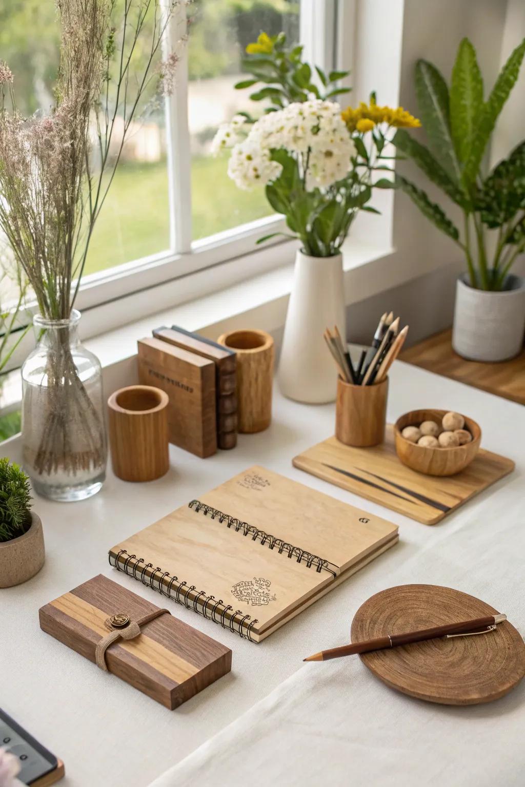 Natural materials like wood contribute to a warm, inviting workspace.