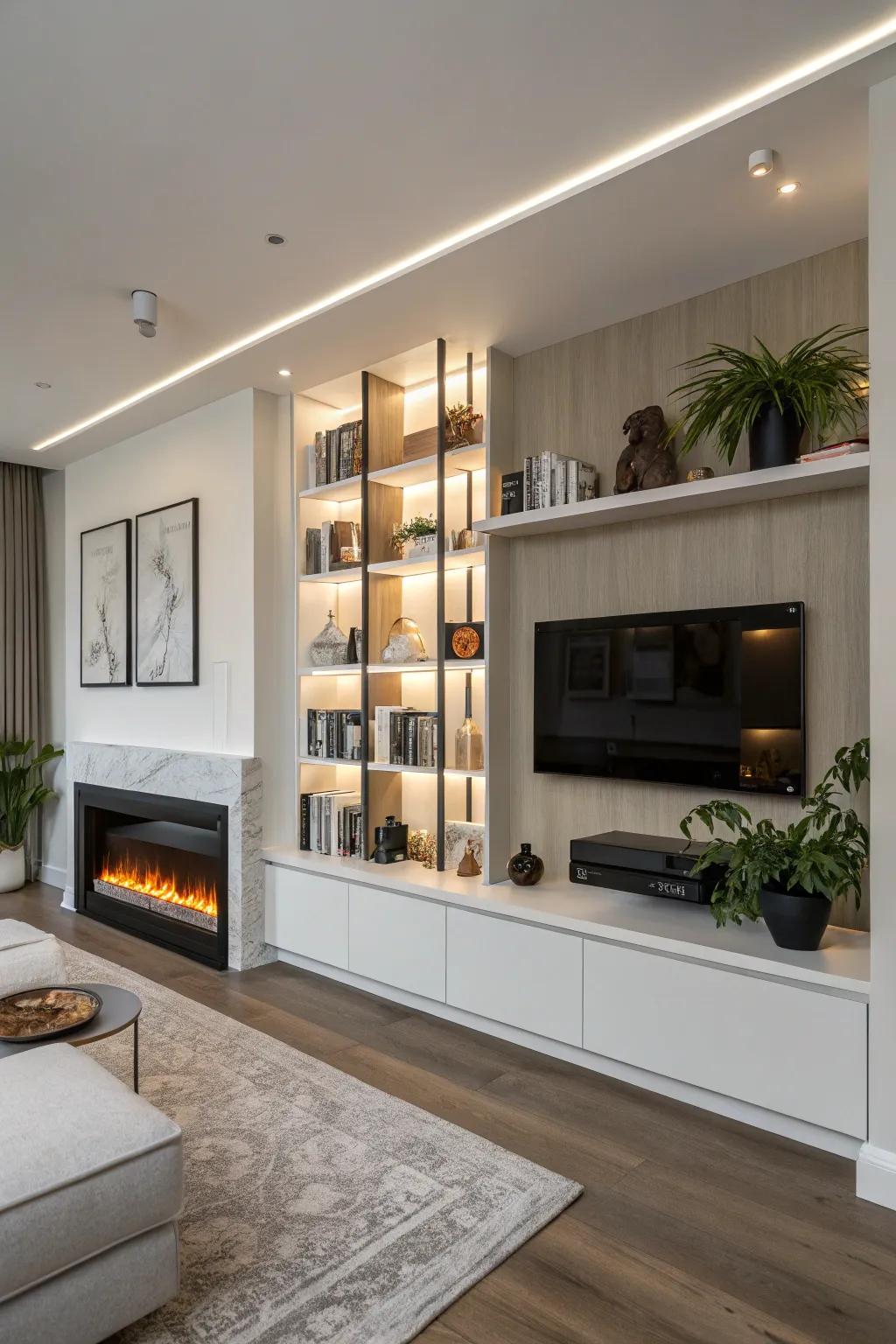 The fireplace's design is complemented by contemporary shelving.