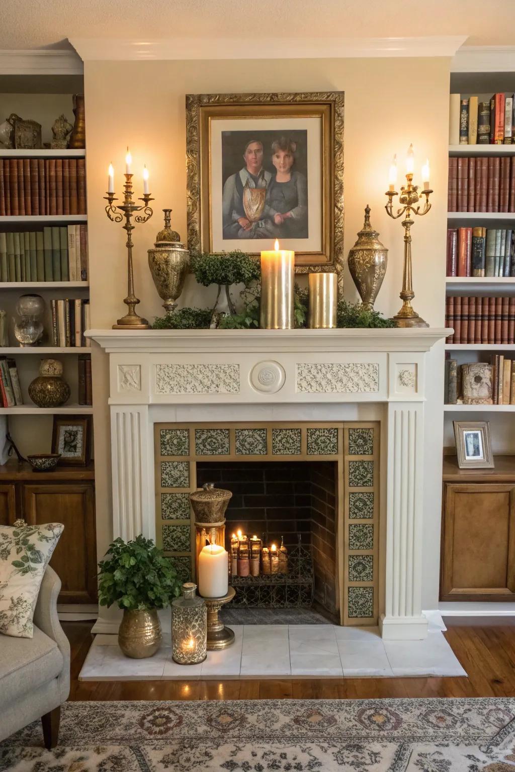 An artificial fireplace adorned with a character-rich vintage mantel.