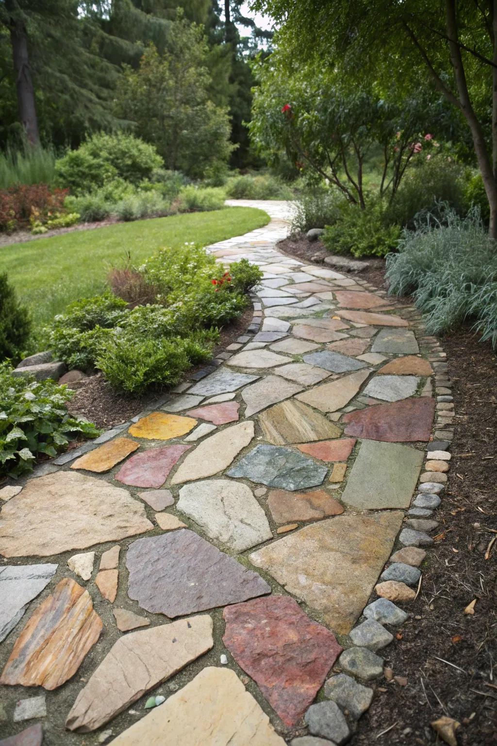 An artistic slate path showcasing a rich selection of colors and sizes.