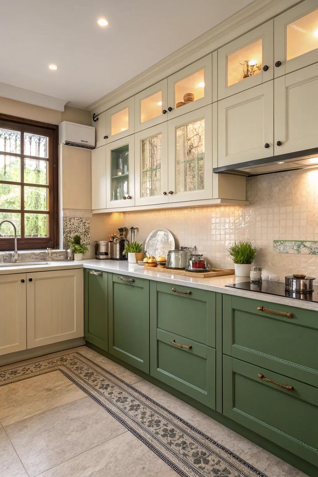 Two-tone cabinetry injecting depth and character into a green kitchen setting.