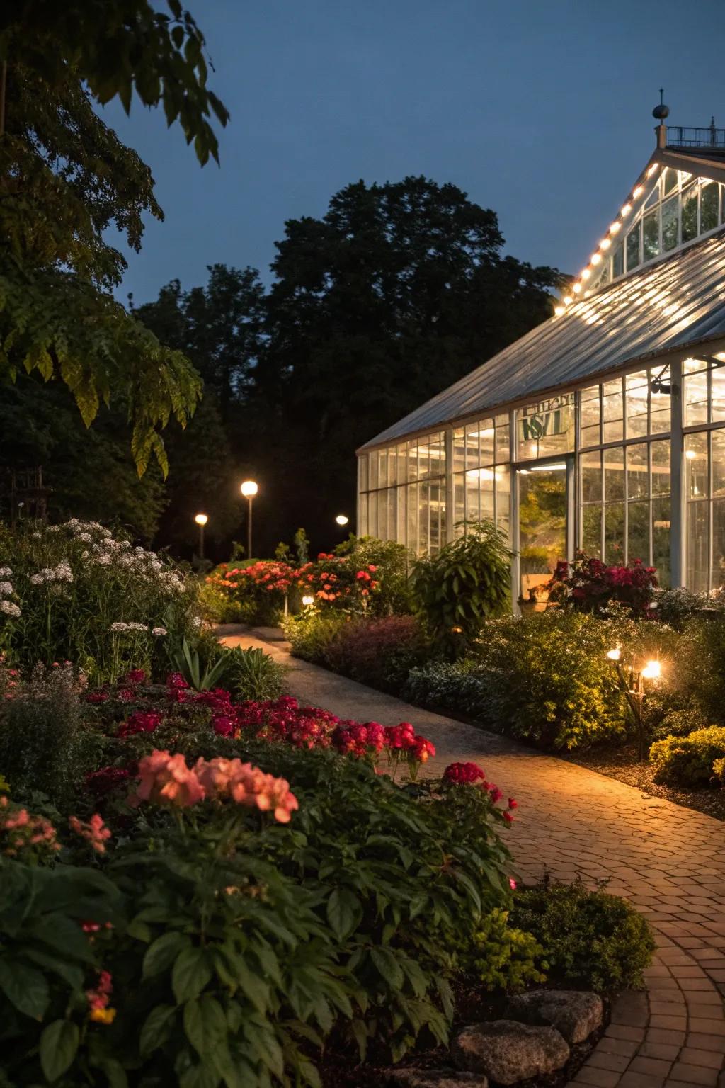 Integrated lighting changes a greenhouse into a nighttime retreat.