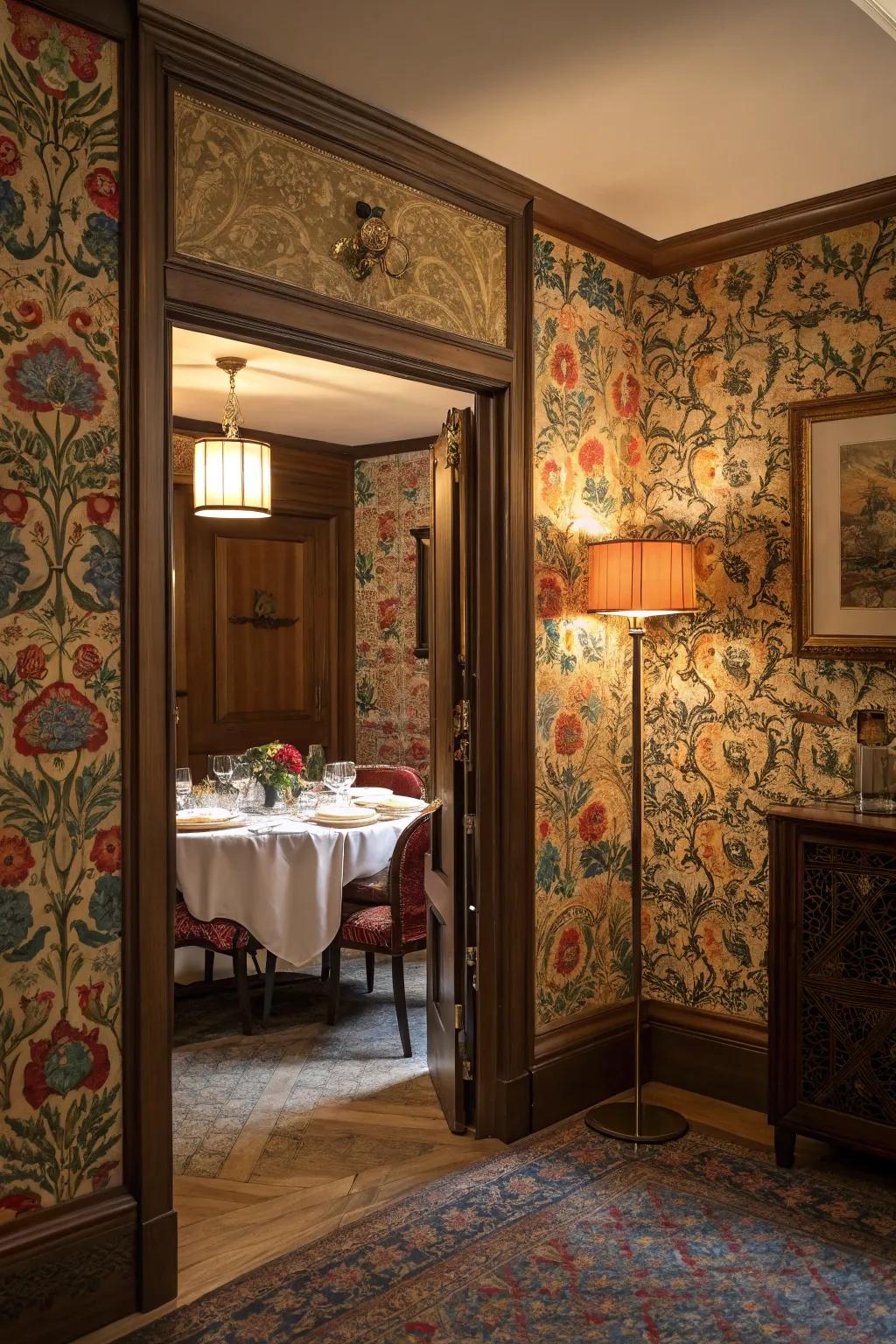 A dining area featuring a hidden door camouflaged by wallpaper.