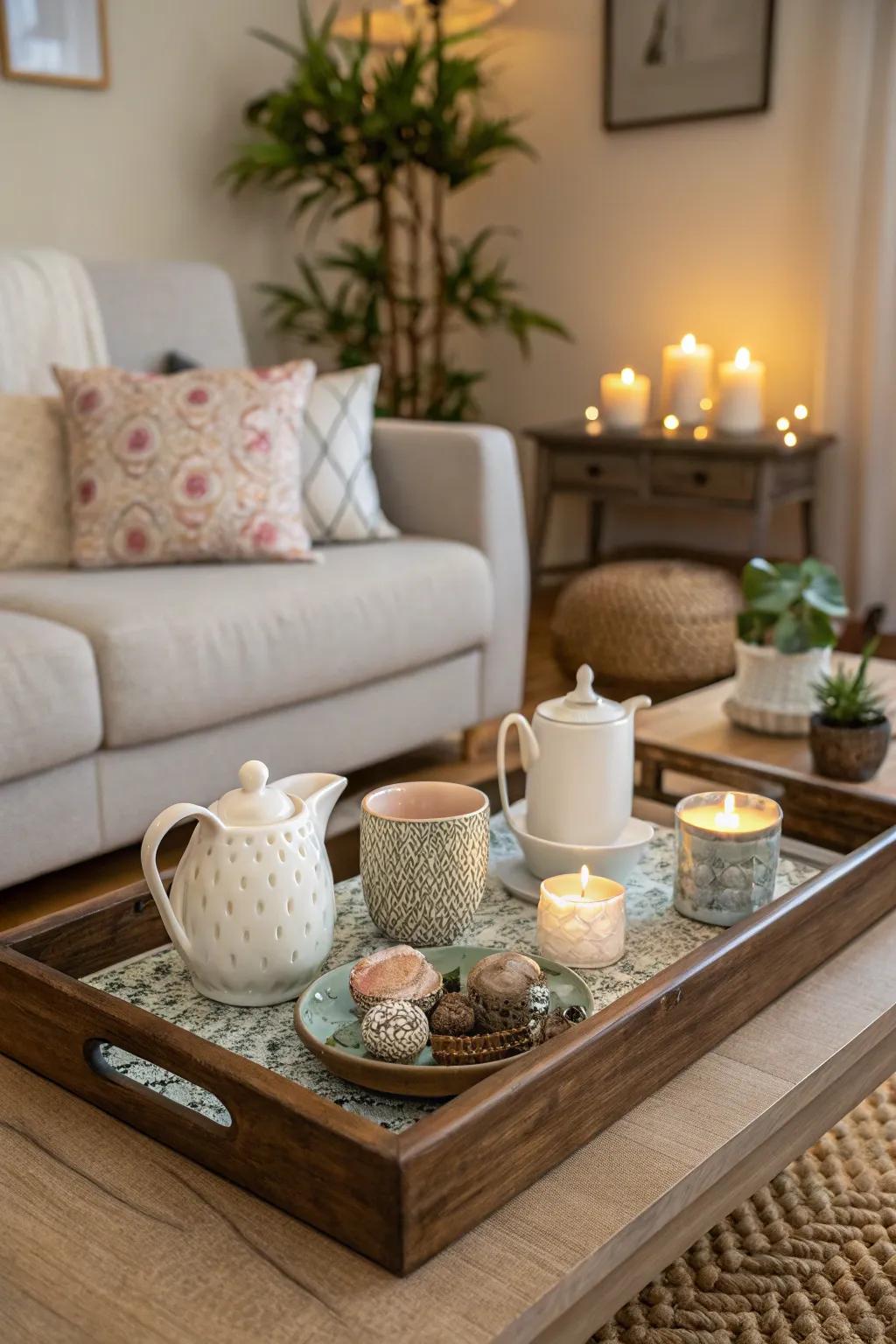 A stylish coffee table decorated with a functional decorative tray.