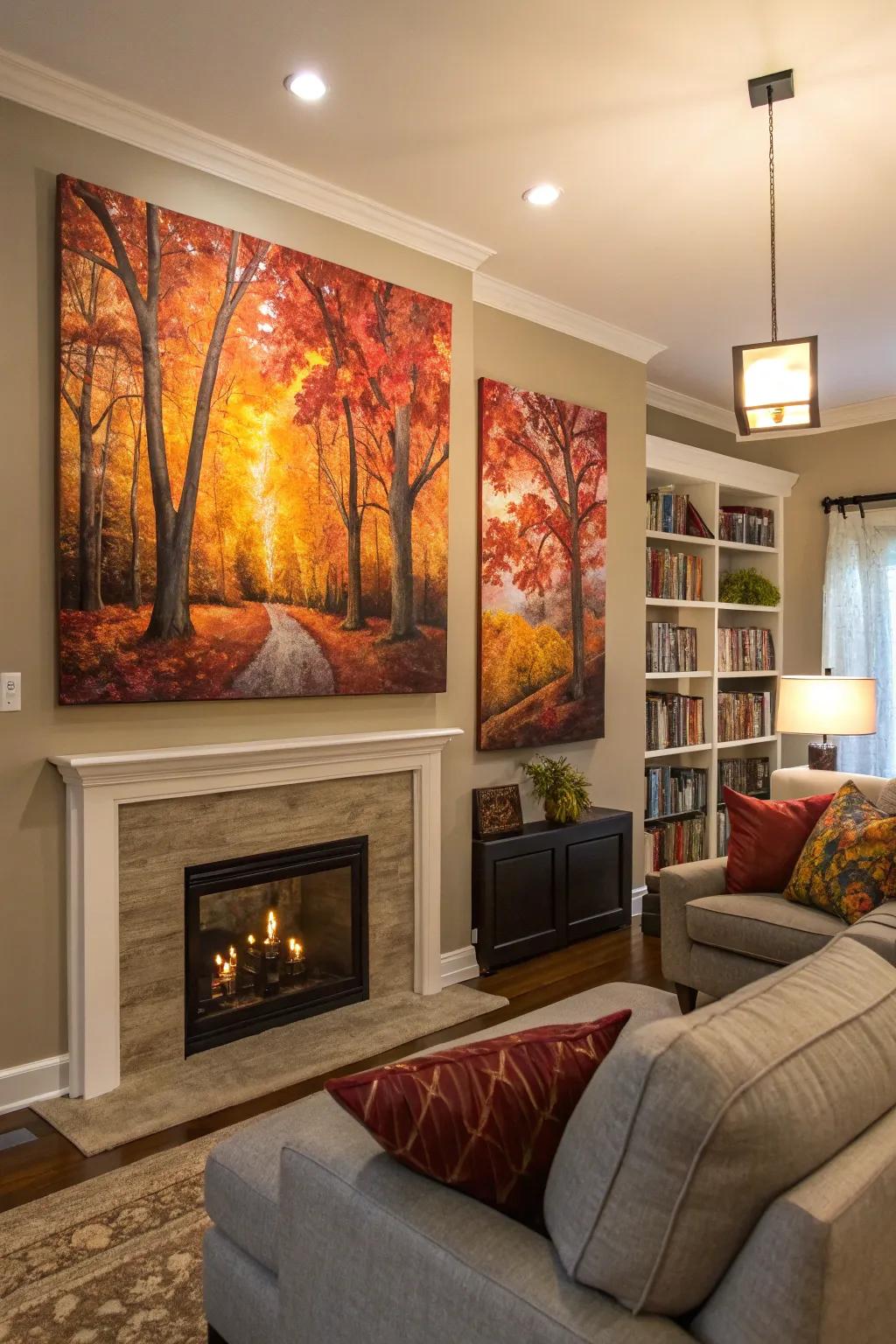 Fall-inspired wall art beautifully enriches the seasonal décor.