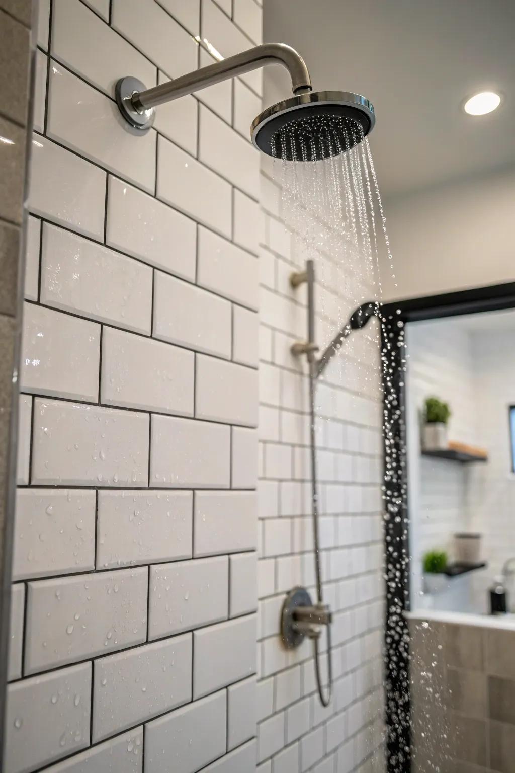 A shower showcasing minimalist wall tiles, providing timeless elegance.