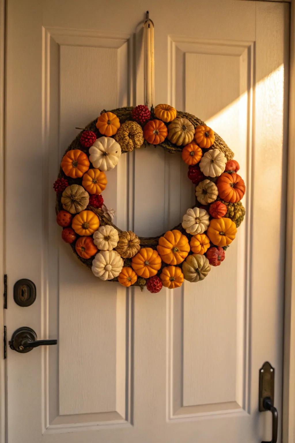 A bottle gourd wreath adds a unique and playful touch to the door.