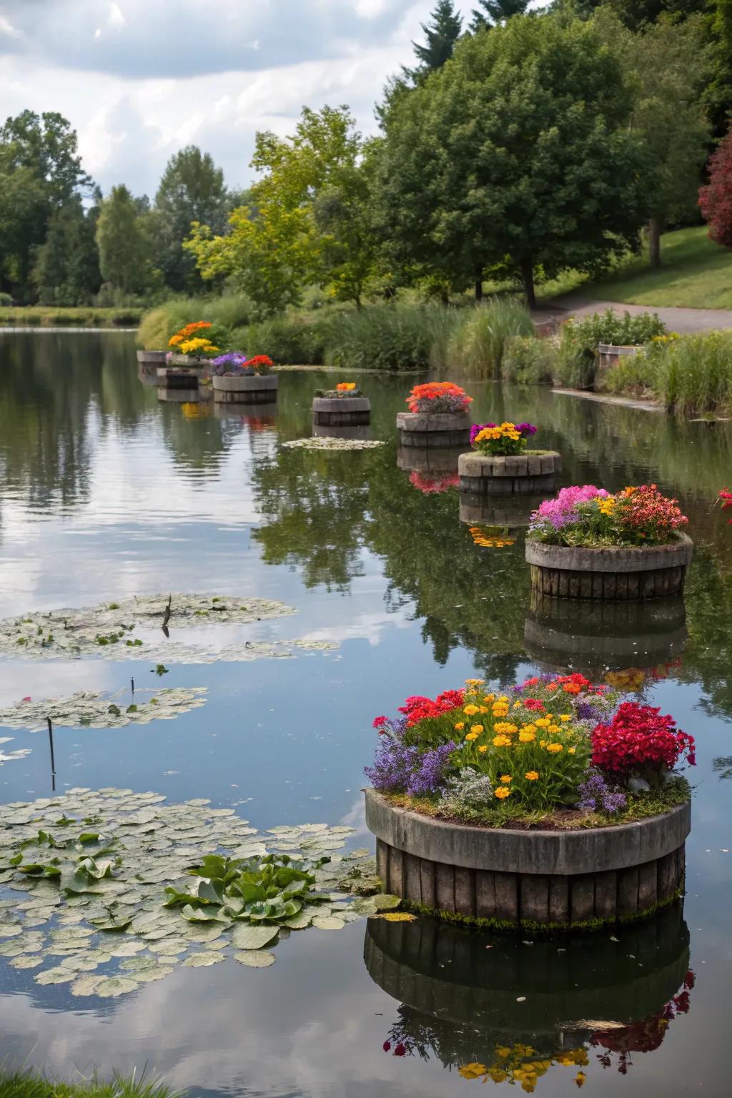 Drifting planters appending an unparalleled aspect to a stunning pond.