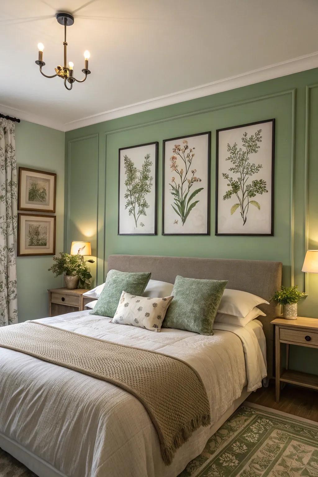 A bedroom that blends sage green walls with plant-based designs.