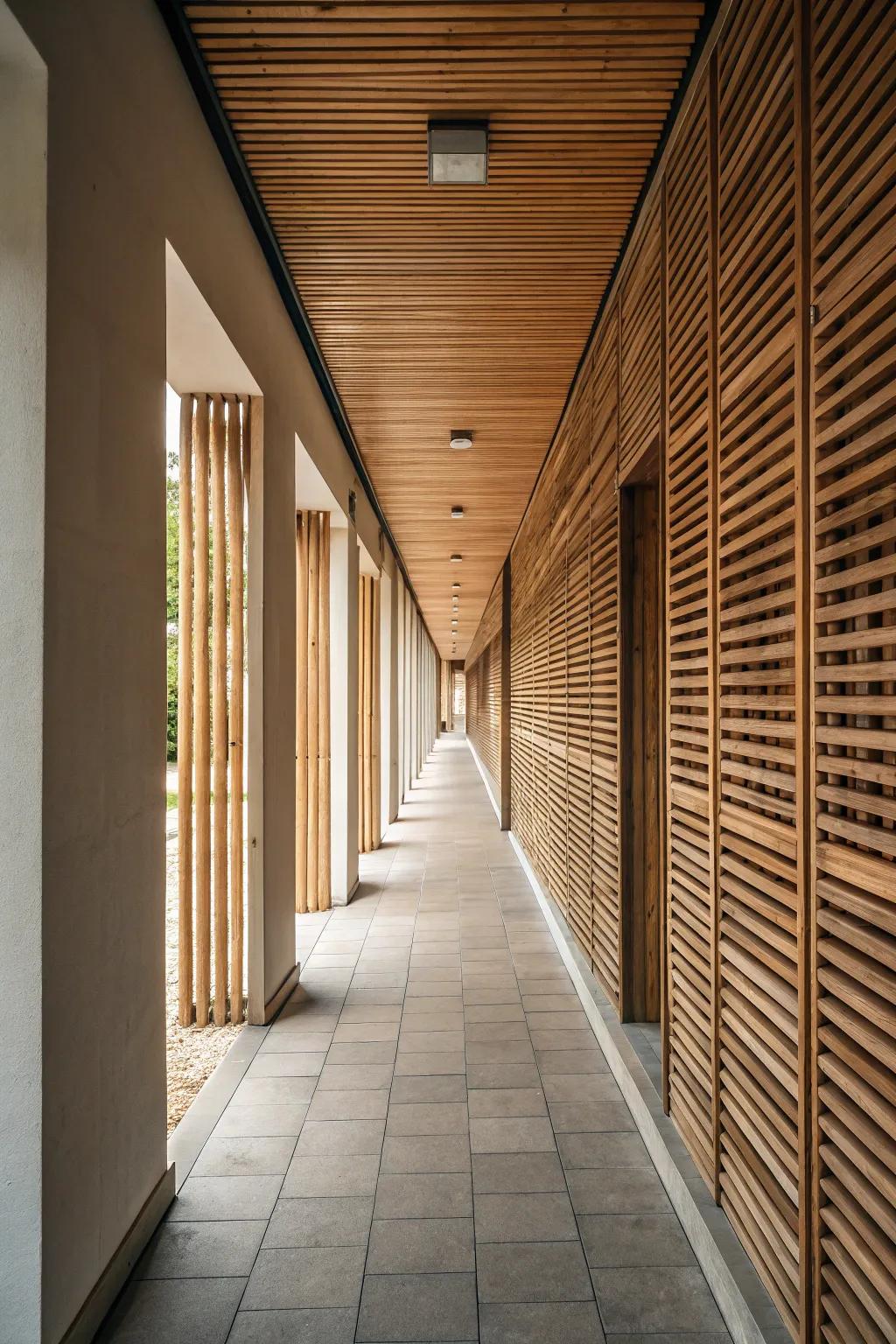 An extended hallway is revitalized using plank panels, introducing visual interest.