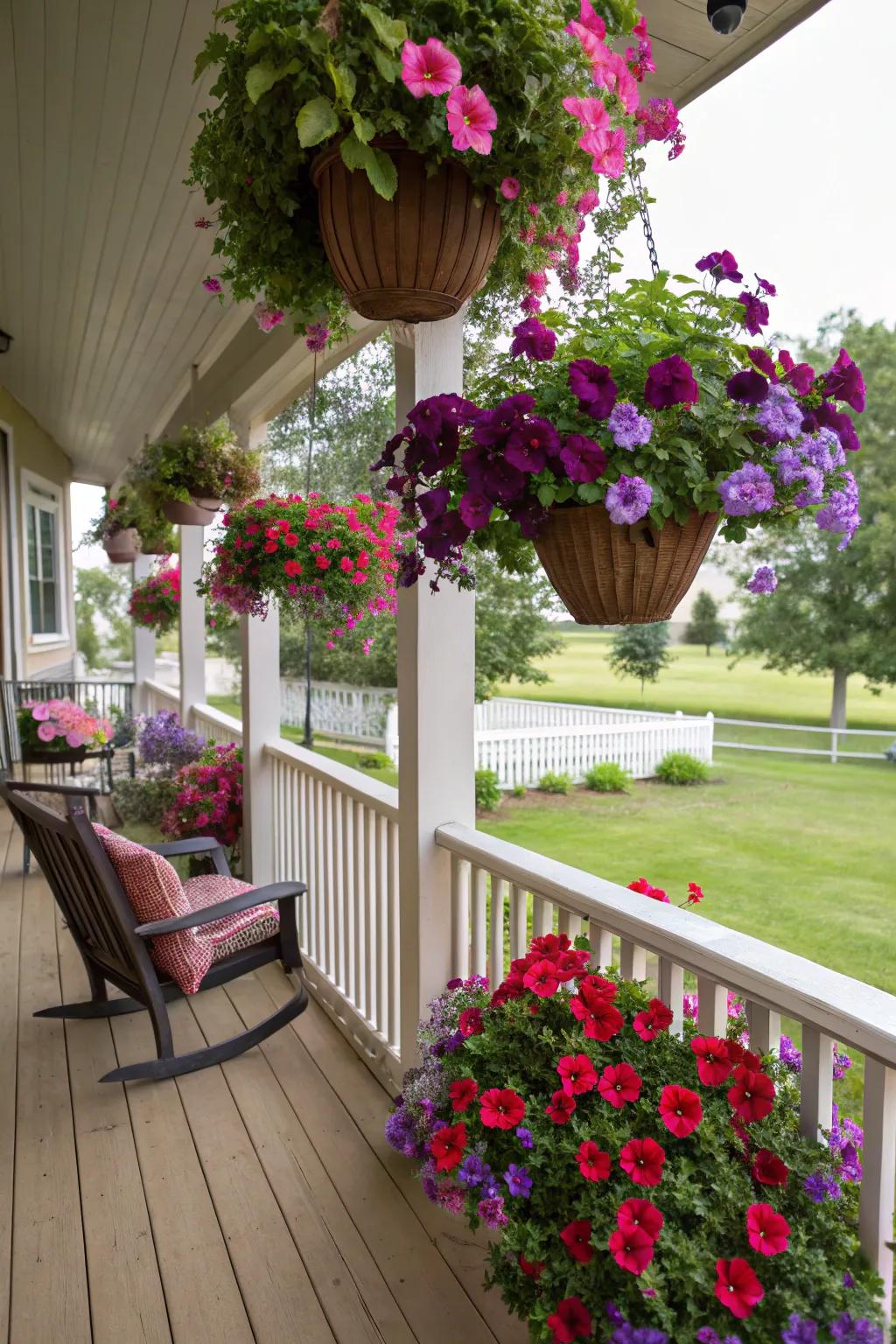 Hanging baskets add vertical beauty and color to your porch.