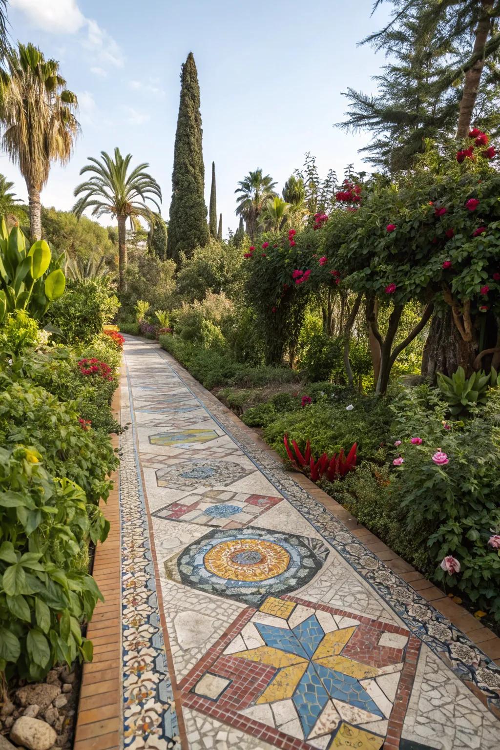 Mosaic designs infuse artistic charm and vibrancy into your garden path.