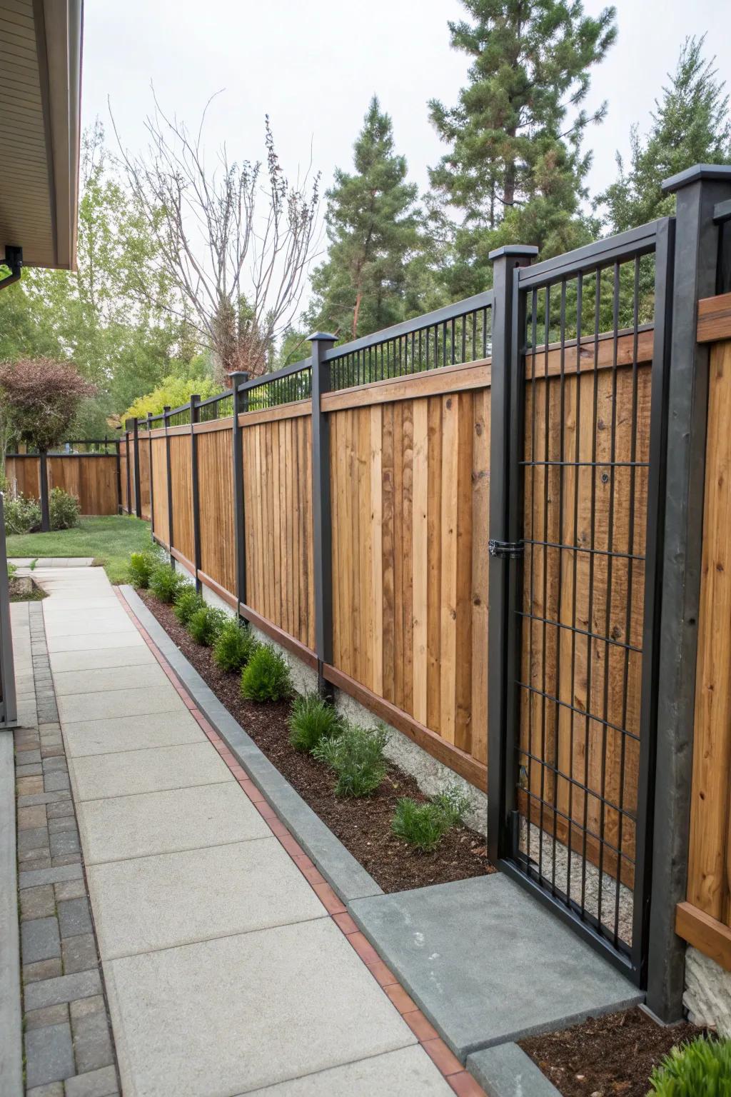 Combining wood and metal establishes a distinctive textured fence.
