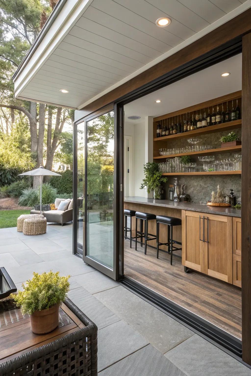 Seamless indoor-outdoor spaces enhance the bar experience.