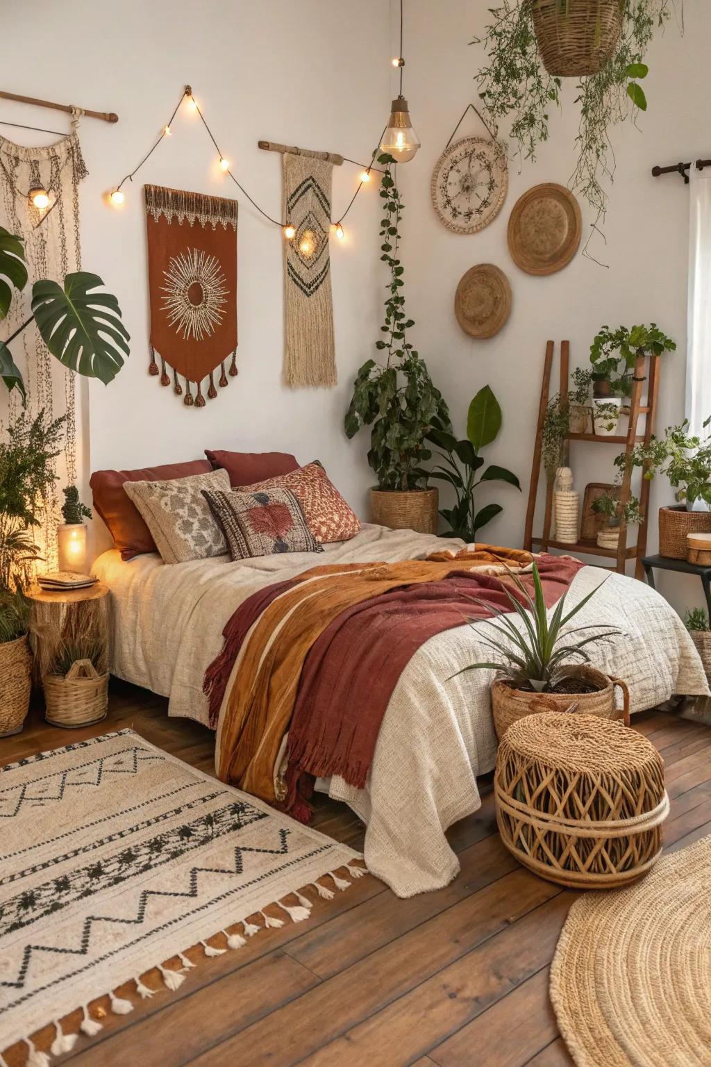 Eclectic textiles and plants create a relaxed, boho-chic vibe in this bedroom.