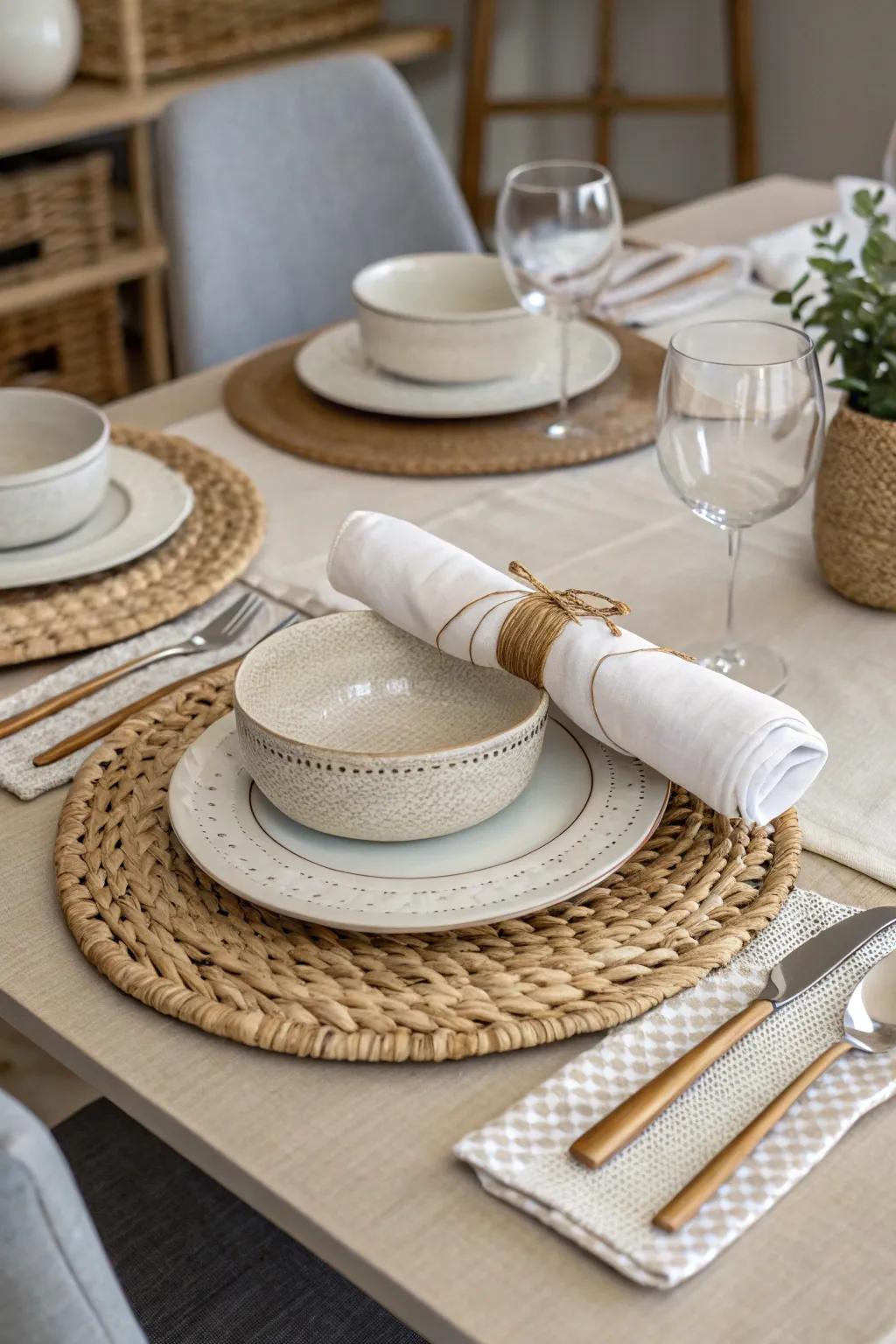 Layered fabrics bring depth and interest to the Easter table setting.